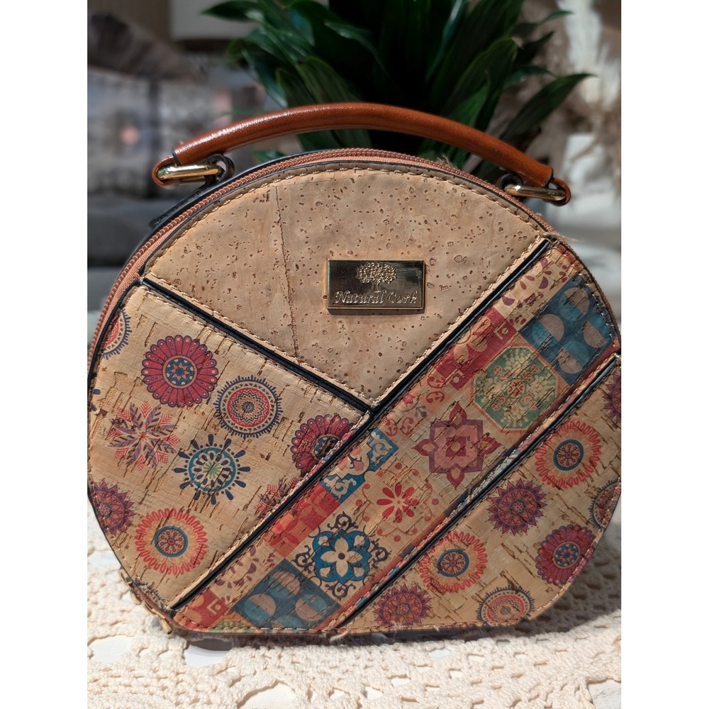 Natural Cork Round Crossbody Bag Patchwork Floral Geometric Circle Handbag boho